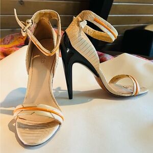 New L.A.M.B. Leather snakeskin sandal heels